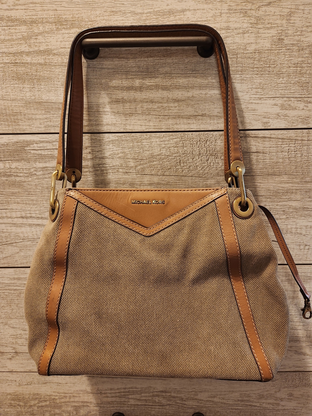 Michael Kors Raven Tan Canvas & Leather Shoulder Tote Multiple Pockets Key Chain